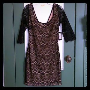 “Kira” by Guess black lace dress, nude underlay.